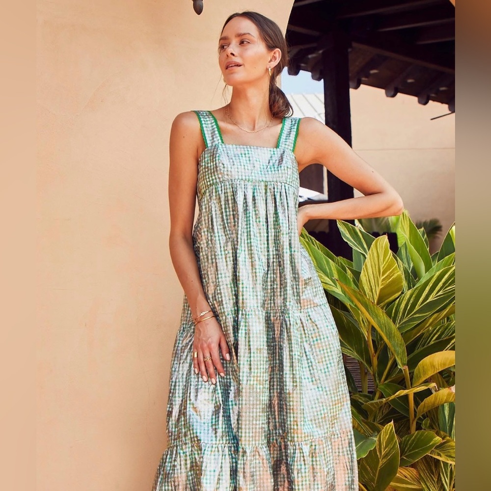 Hunter Bell New York Green Gingham Check “Poppy” Sleeveless Tiered Dress Sz S